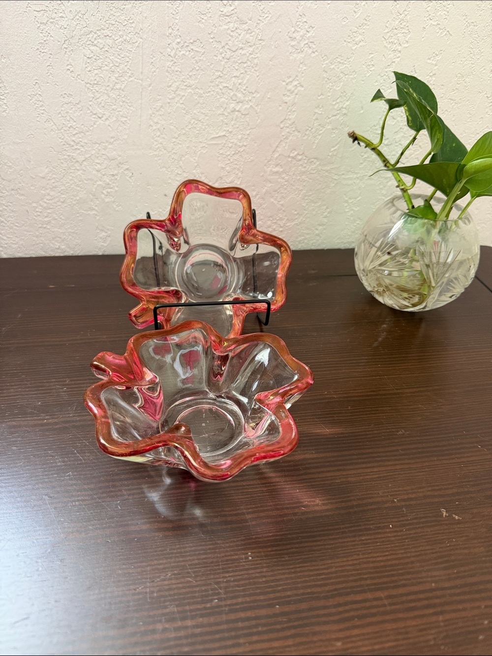 2 vintage irish 4 leaf clover pink rimmed clear glass dish candy🔥